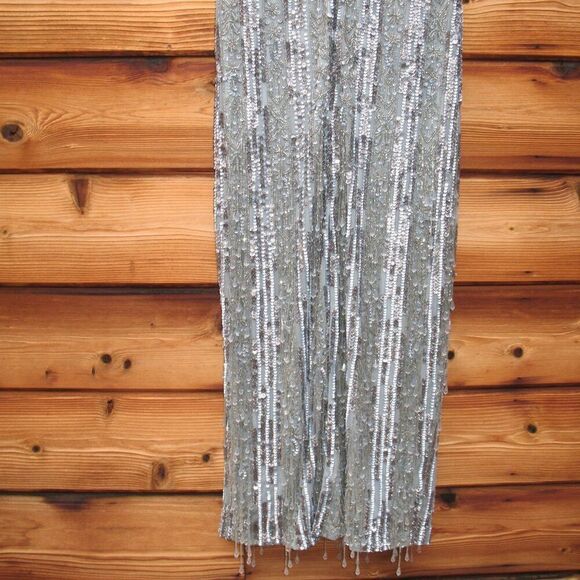 Mac Duggal 5980 Blue High Neck Short Sleeve Crystal Fringe Column Dress - Picture 12 of 15